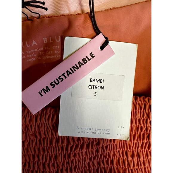 Aila Blue Bambi High Waist Bikini Bottoms Citron Orange Textured Smocked Sustain - Picture 5 of 6